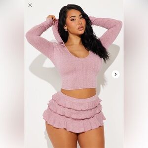 Sweet style ruffle shorts and hoodie set pink size Large